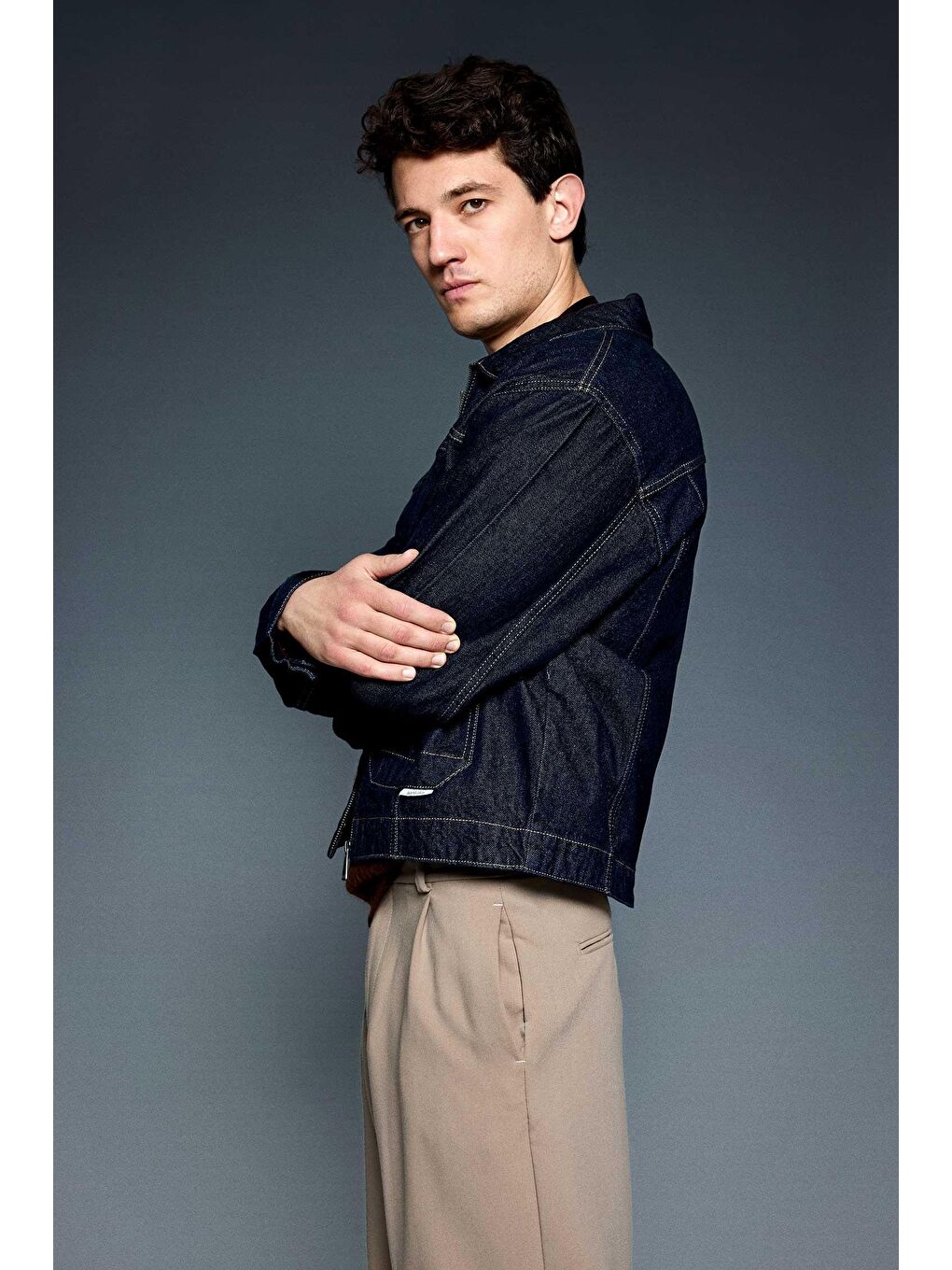 Erkek Oversize Fermuarlı Denim Ceket Lacivert-3