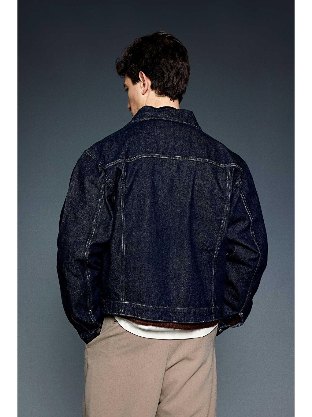 Erkek Oversize Fermuarlı Denim Ceket Lacivert-4