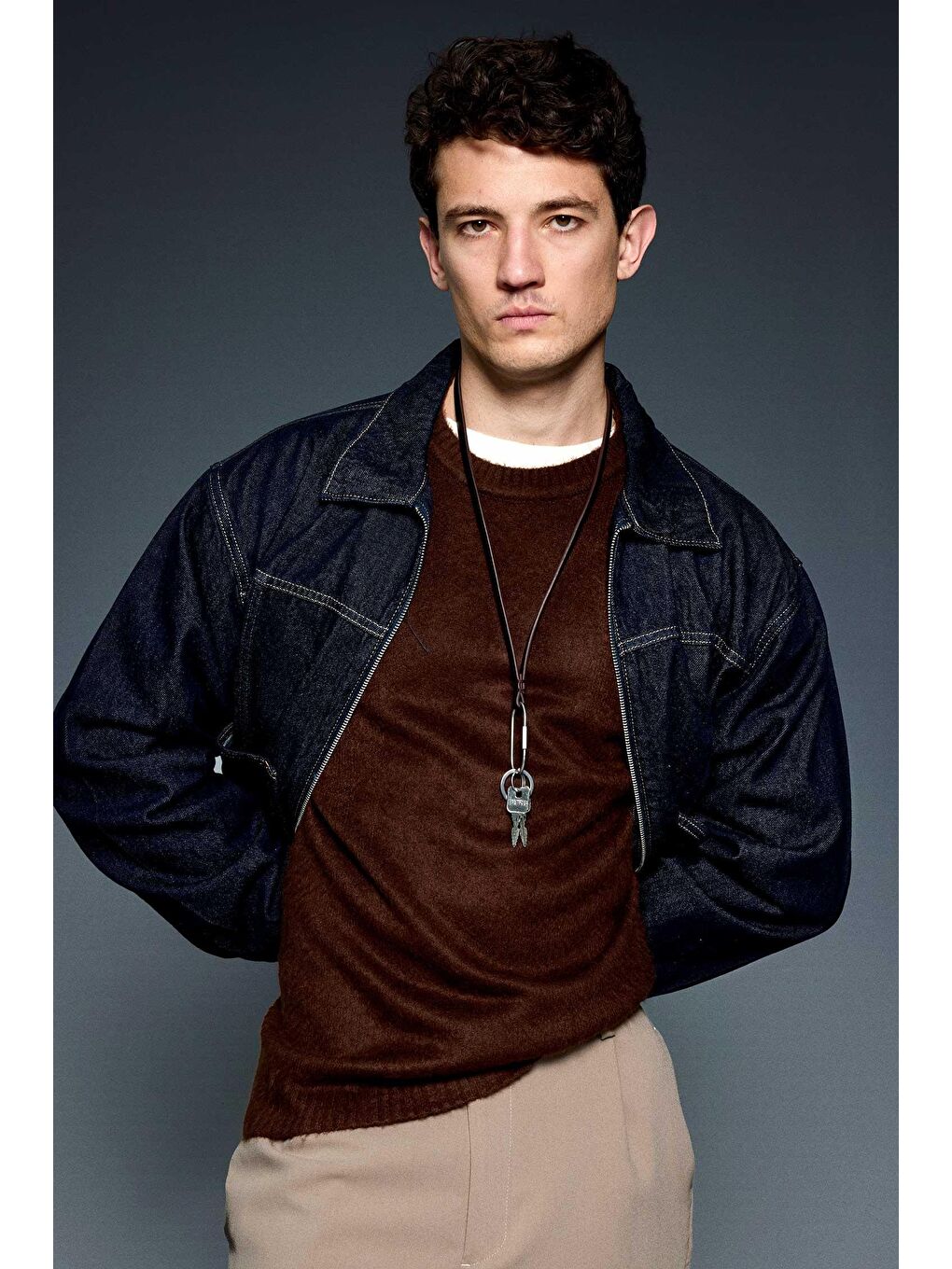 Erkek Oversize Fermuarlı Denim Ceket Lacivert-5