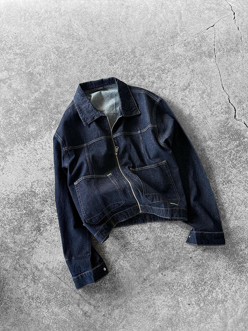 Erkek Oversize Fermuarlı Denim Ceket Lacivert-6