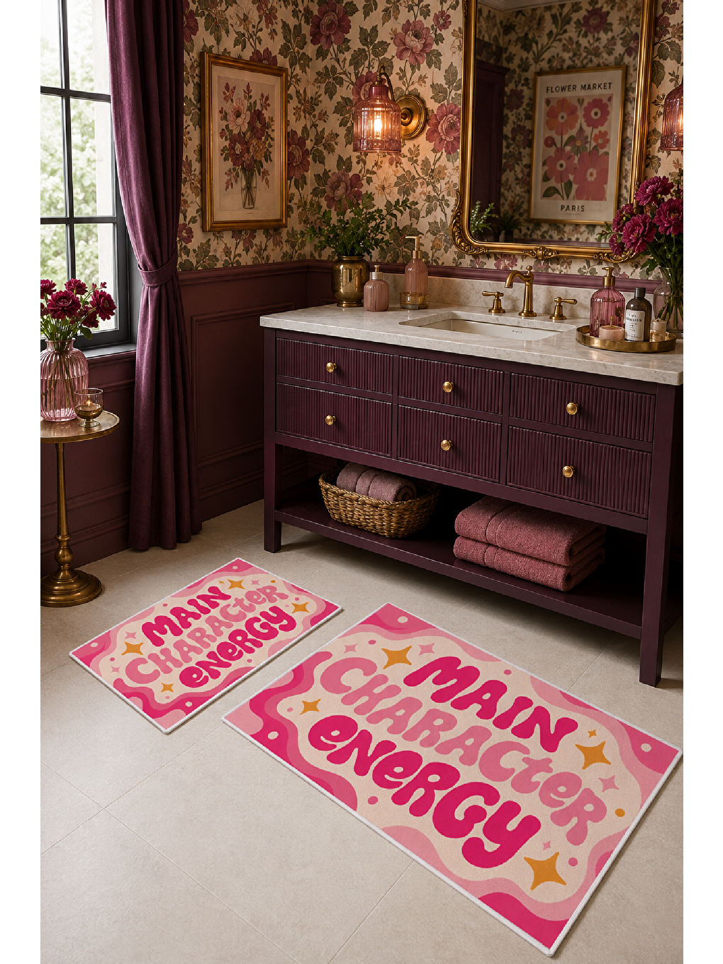 Pembe Sarı Main Character Energy Yazılı Banyo Paspası 2’li Set-6