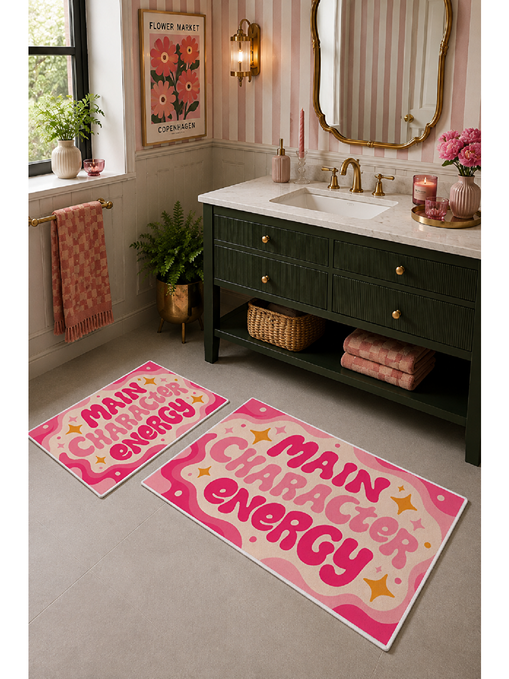Pembe Sarı Main Character Energy Yazılı Banyo Paspası 2’li Set-7