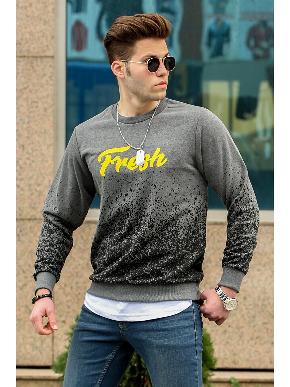 Gri Füme Baskılı Bisiklet Yaka Sweatshirt 2791