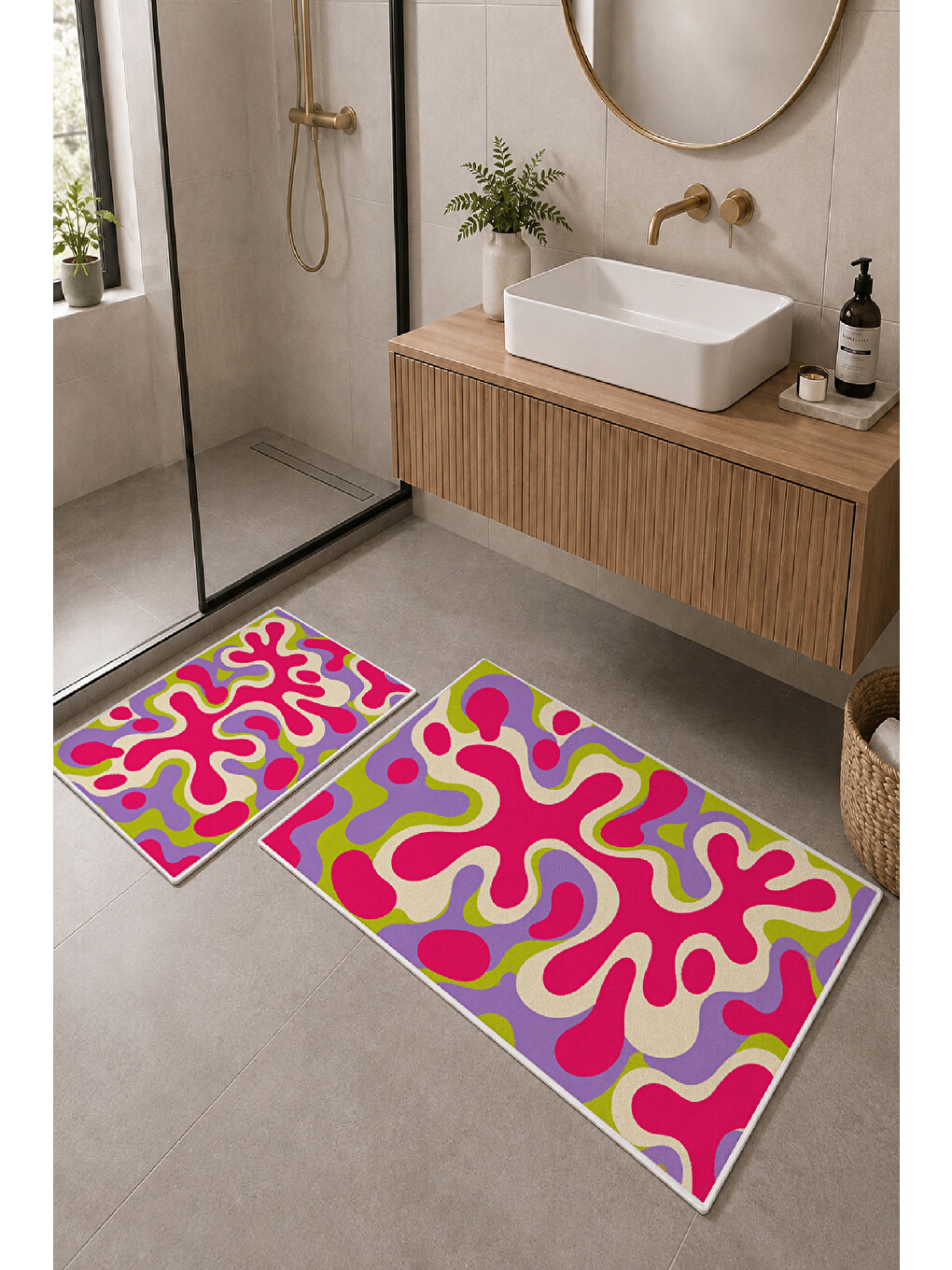 Pembe Sarı Soyut Dalga Desenli Kaymaz Taban Banyo Paspası 2’li Set-1