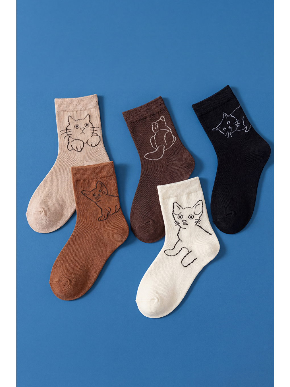 Karışık Kadın 5'Li Kedi Desenli Soket Çorap Çok Renkli-1