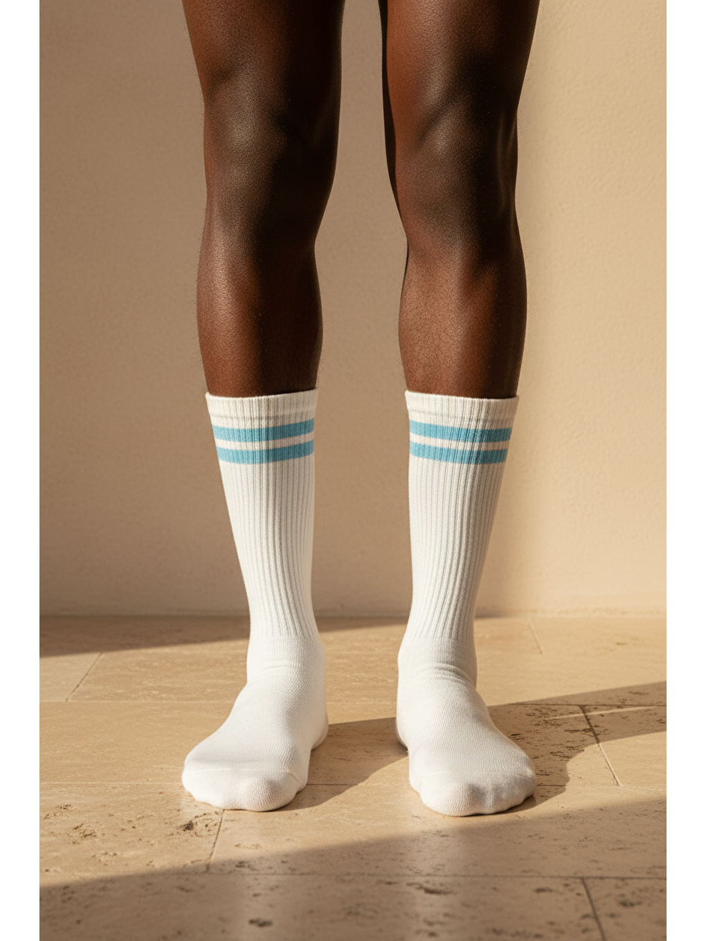 Mavi Unisex Çizgi Desenli Ribanalı Soket Çorap-1