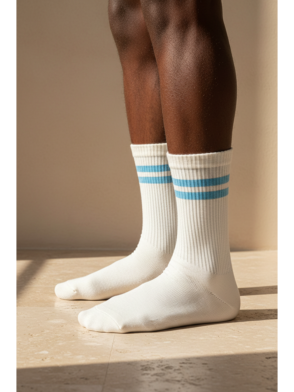 Mavi Unisex Çizgi Desenli Ribanalı Soket Çorap-2