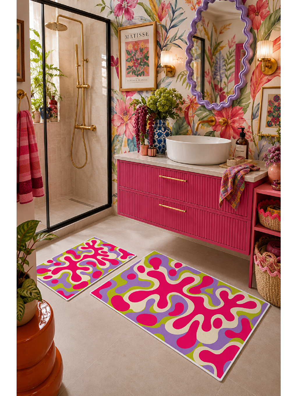 Pembe Sarı Soyut Dalga Desenli Kaymaz Taban Banyo Paspası 2’li Set-2