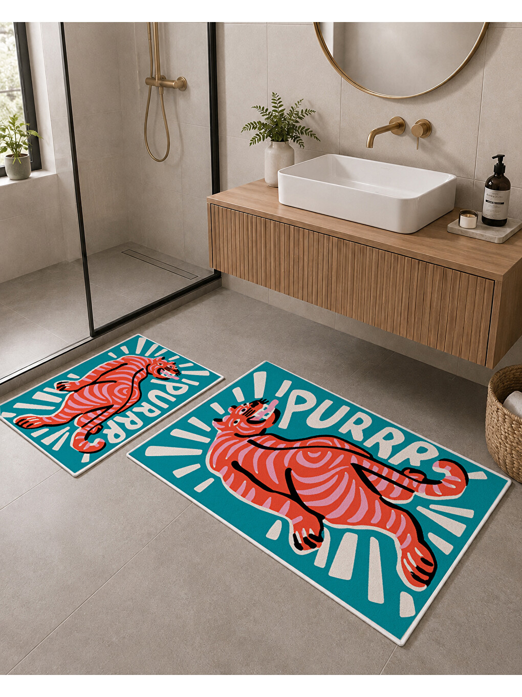 Mavi Turkuaz Turuncu Kaplan Desenli Kaymaz Taban Banyo Paspası 2’li Set-2
