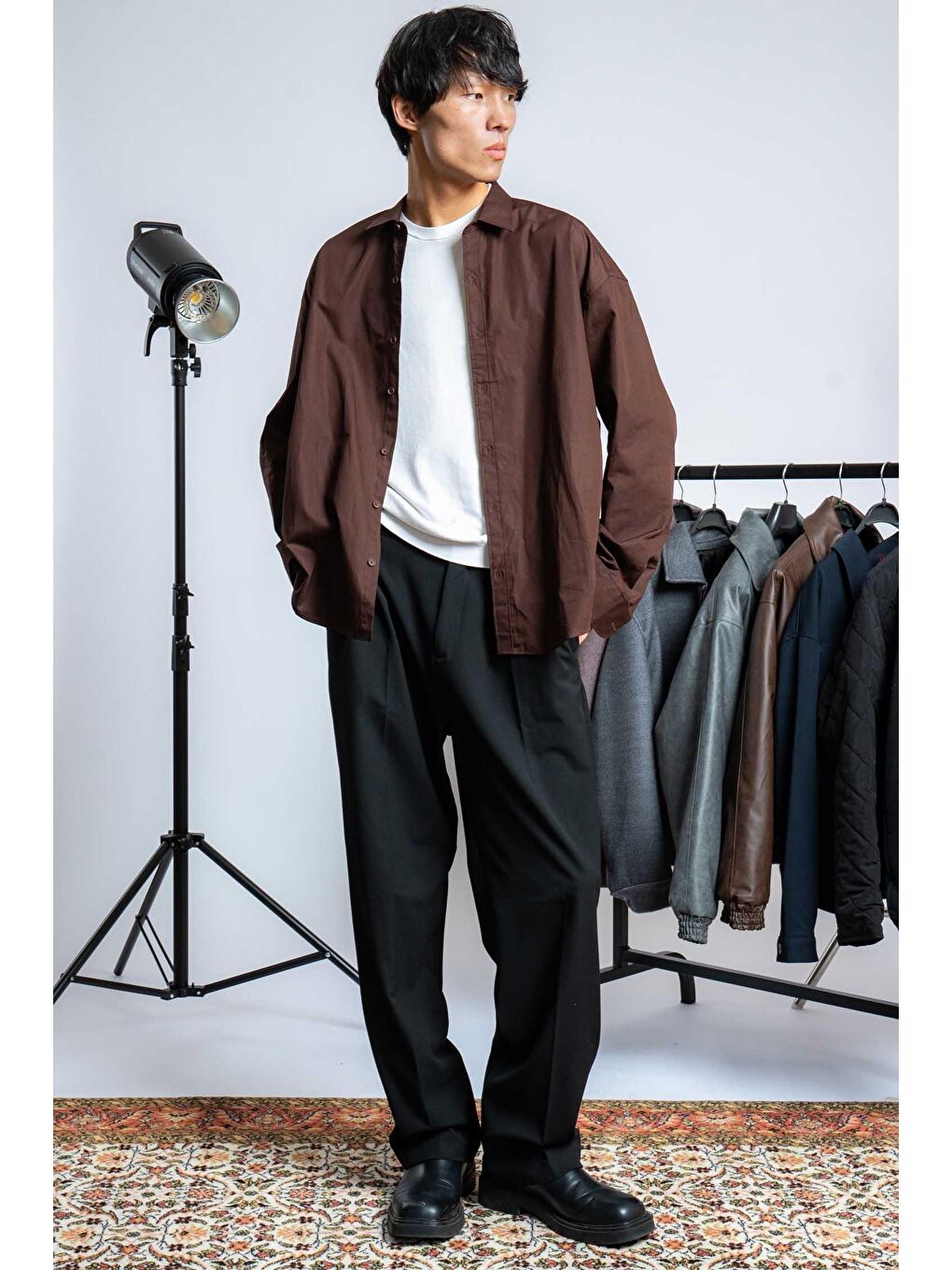 Erkek Oversize Uzun Kollu Basic Gömlek Kahverengi