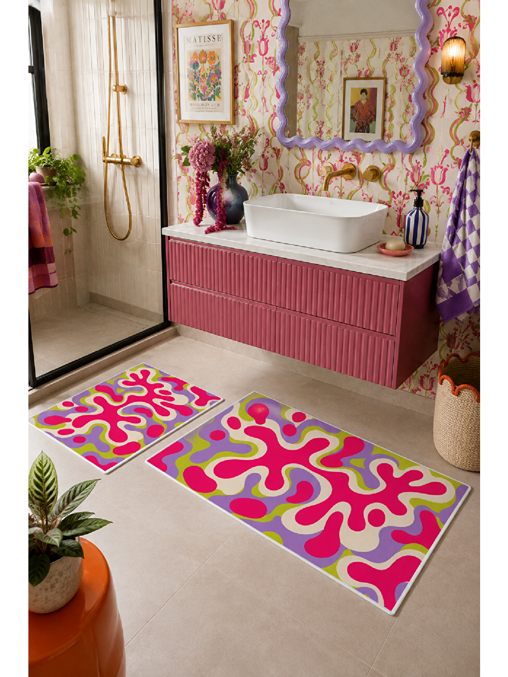 Pembe Sarı Soyut Dalga Desenli Kaymaz Taban Banyo Paspası 2’li Set-3
