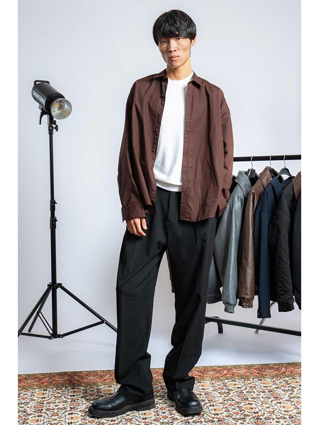 Erkek Oversize Uzun Kollu Basic Gömlek Kahverengi-1