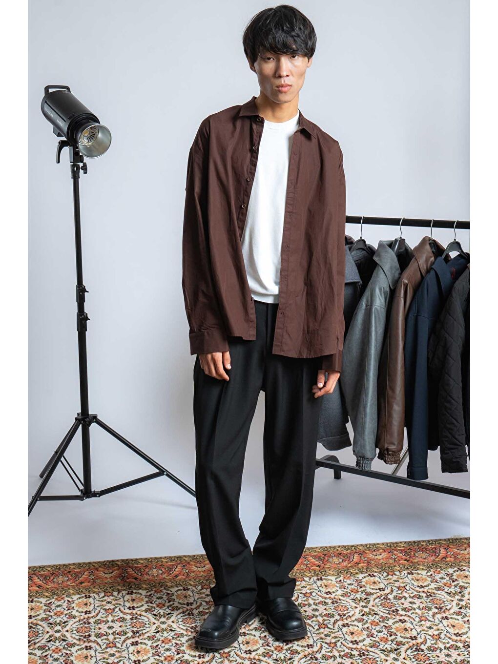 Erkek Oversize Uzun Kollu Basic Gömlek Kahverengi-3