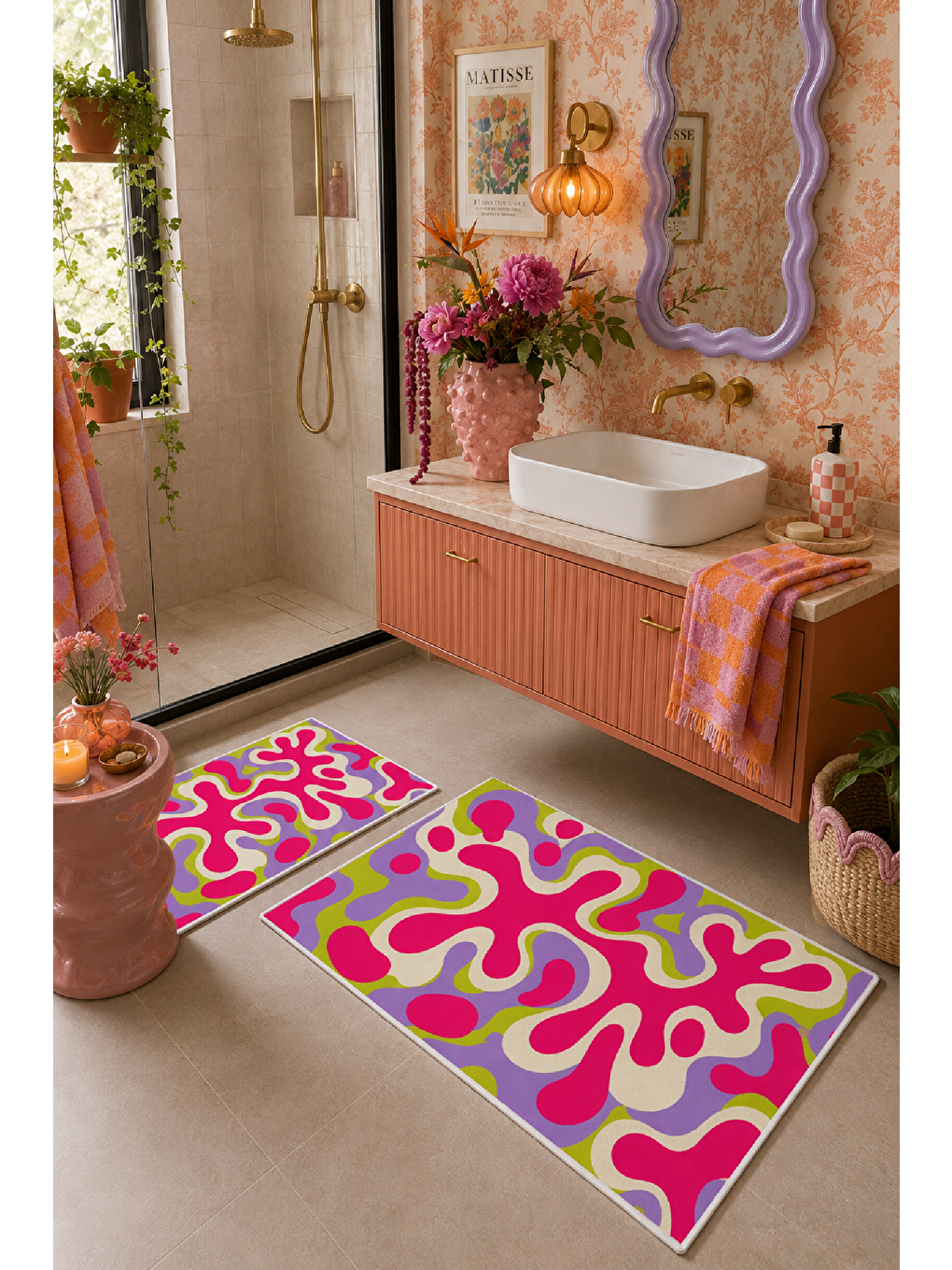 Pembe Sarı Soyut Dalga Desenli Kaymaz Taban Banyo Paspası 2’li Set-4