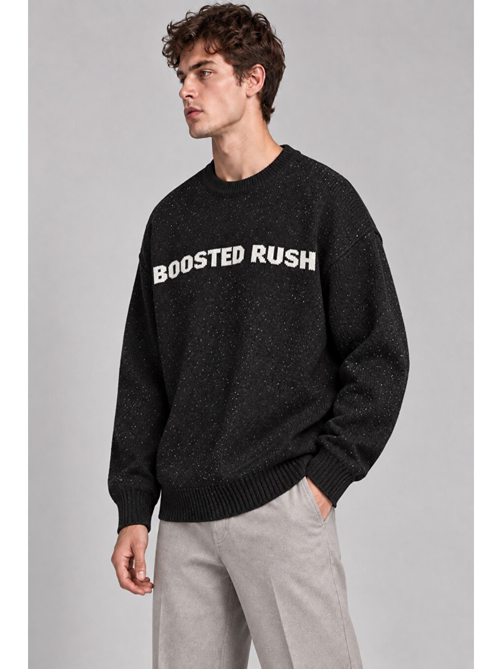 Siyah Yarım Oversize Baskılı Kışlık Kazak Dp 16651_10071-1