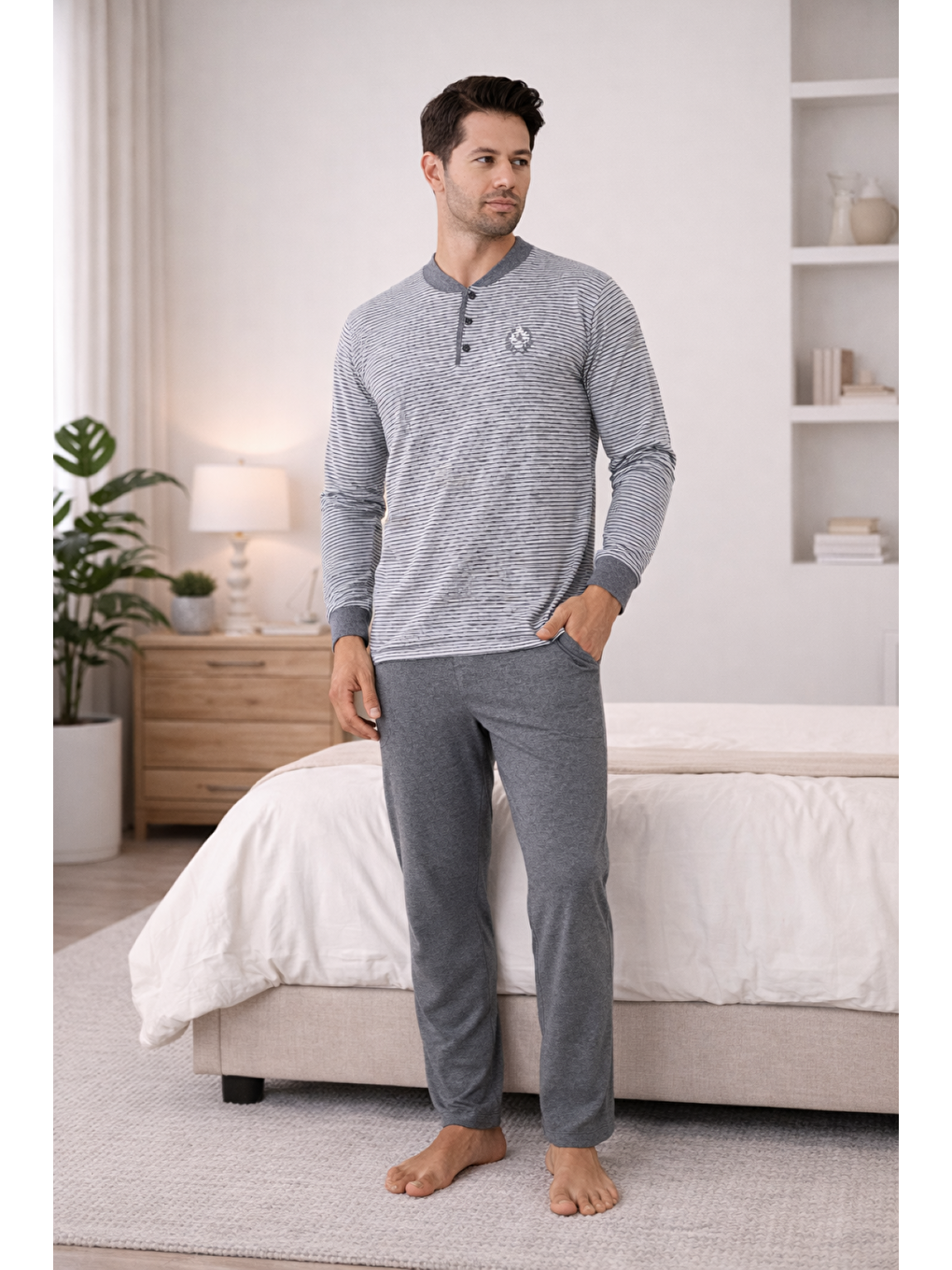 Gri PREMIUM Erkek %100 Doğal Pamuk Çizgili Yüksek Kalite Düğmeli Sıfır Yaka Cepli Pijama Takımı-2