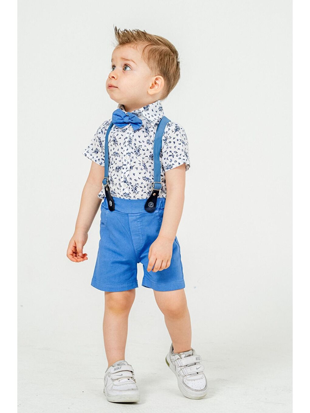 Mavi Tarz Çiçek Desenli Gömlek Belden Ayarlanabilir Slopetli Kısa Kollu Şortlu 2'li Takım-1