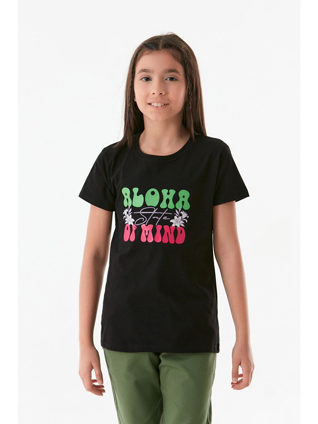 Siyah Baskılı Bisiklet Yaka Kız Çocuk Tişört