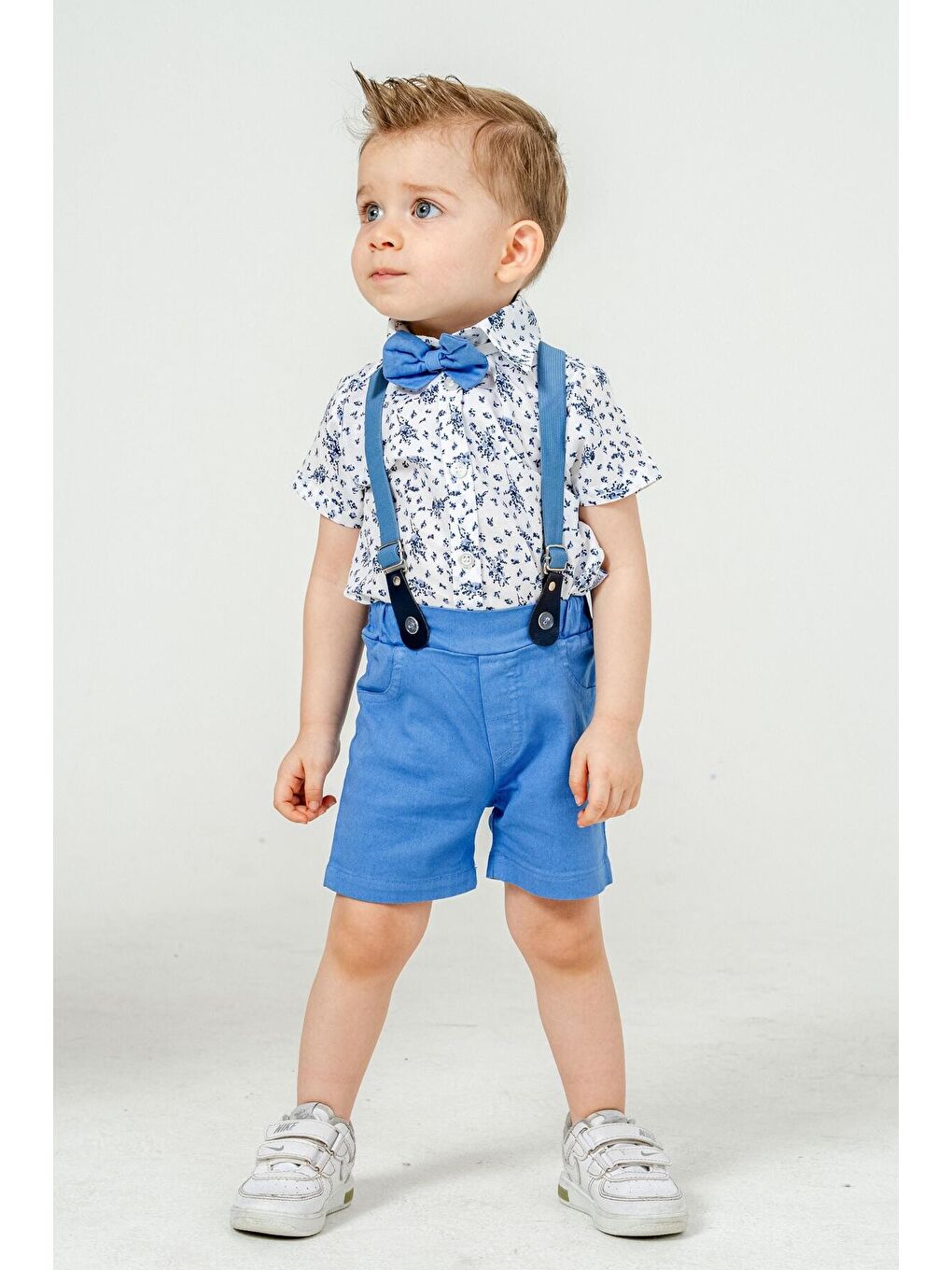 Mavi Tarz Çiçek Desenli Gömlek Belden Ayarlanabilir Slopetli Kısa Kollu Şortlu 2'li Takım-2