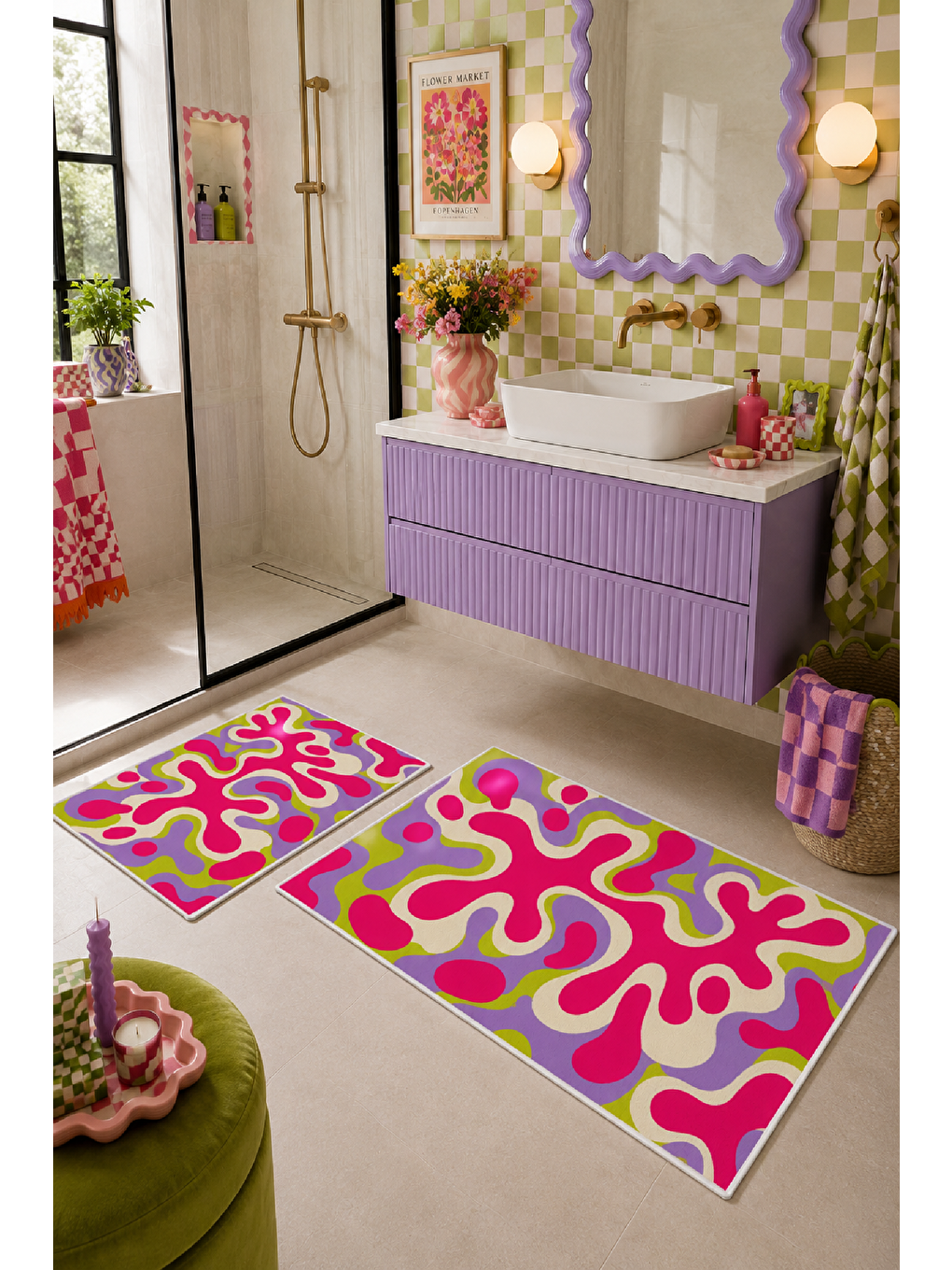 Pembe Sarı Soyut Dalga Desenli Kaymaz Taban Banyo Paspası 2’li Set-5