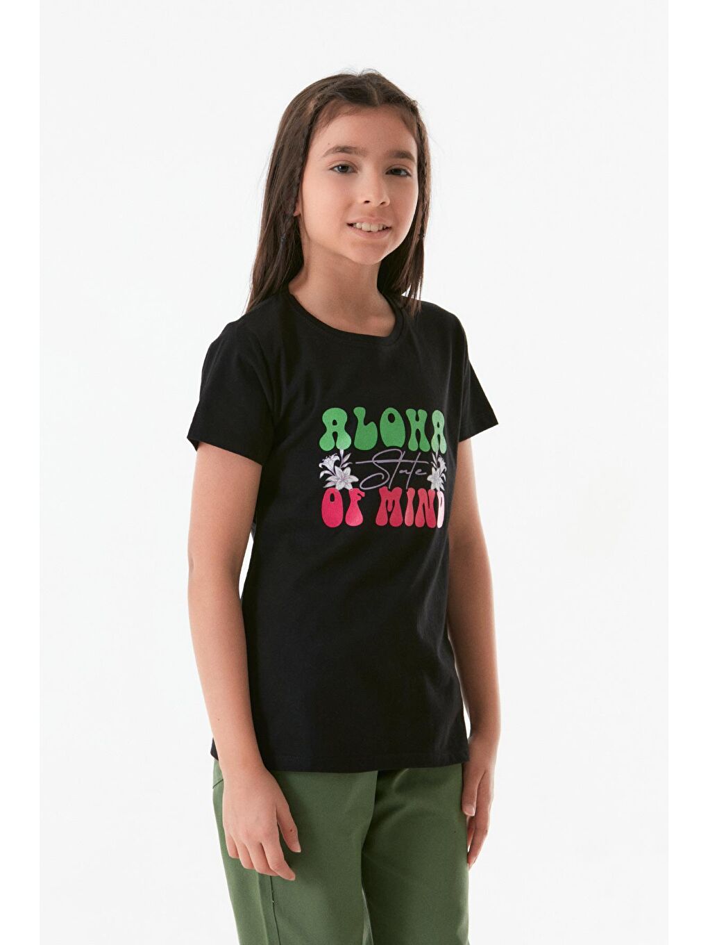 Siyah Baskılı Bisiklet Yaka Kız Çocuk Tişört-1