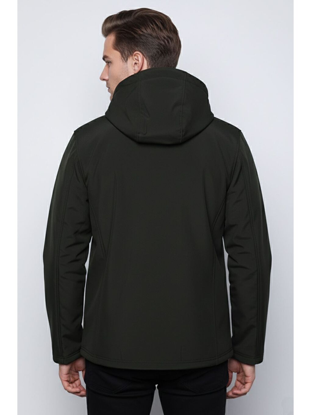 Haki Erkek Kapüşonlu Slim Fit Softshell Mevsimlik Mont-1
