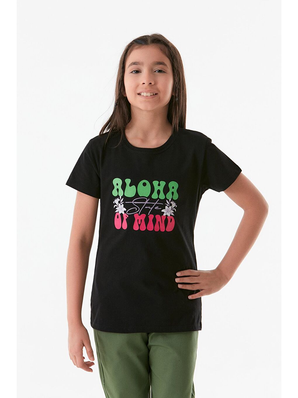 Siyah Baskılı Bisiklet Yaka Kız Çocuk Tişört-3