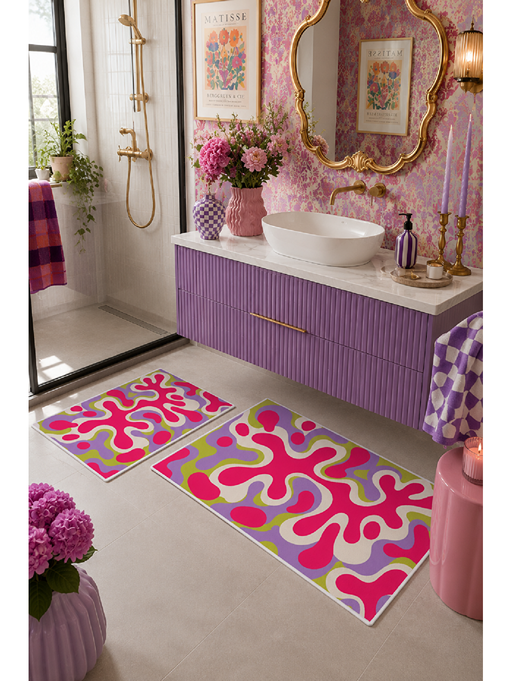 Pembe Sarı Soyut Dalga Desenli Kaymaz Taban Banyo Paspası 2’li Set-6