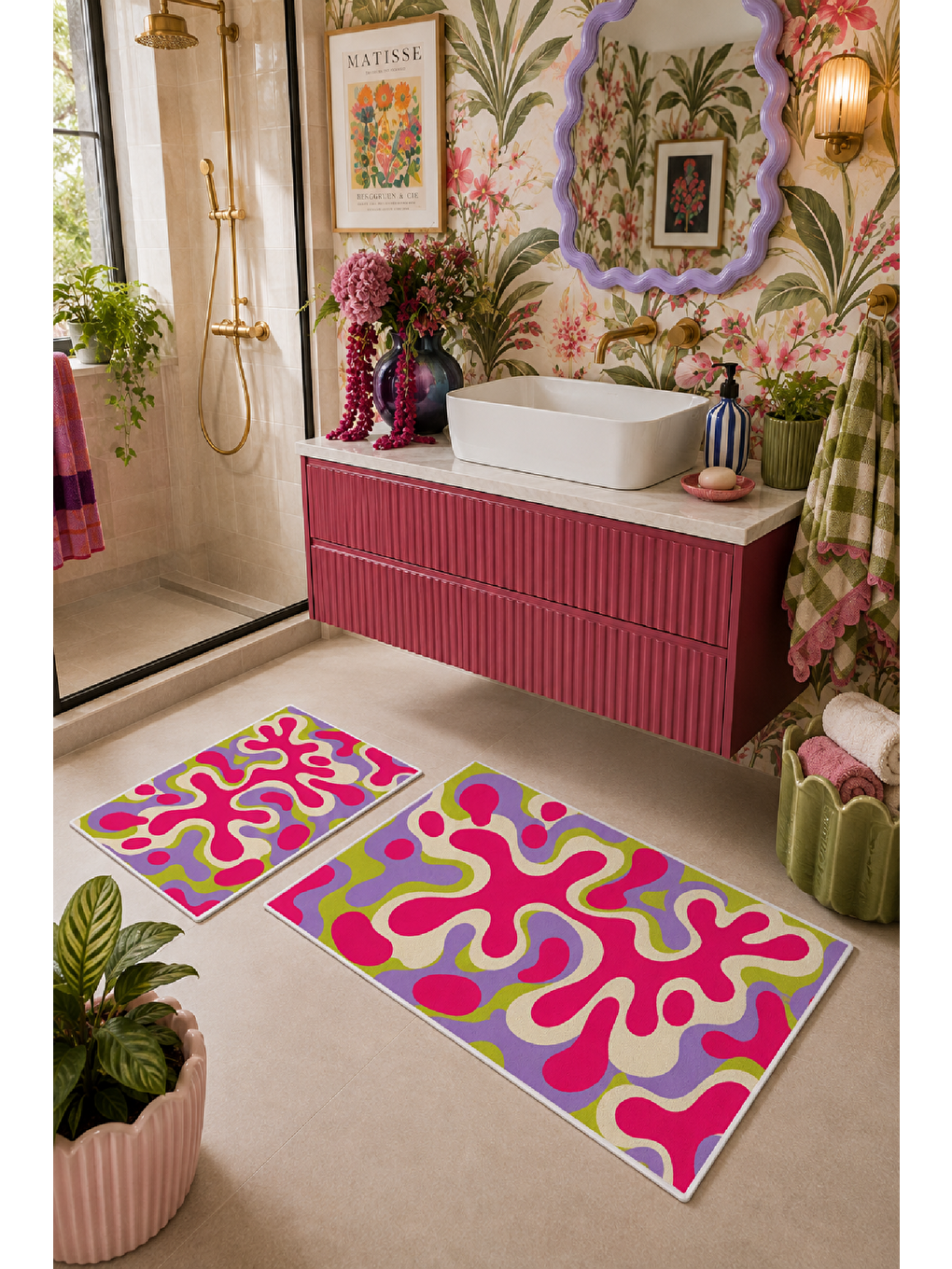 Pembe Sarı Soyut Dalga Desenli Kaymaz Taban Banyo Paspası 2’li Set-7