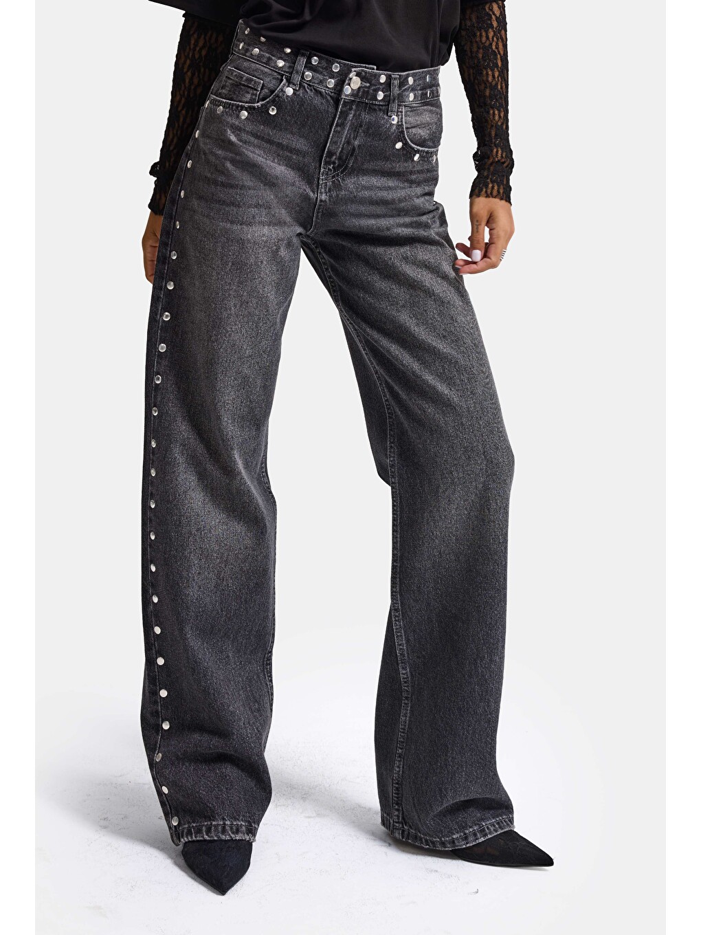 Gri Kadın Füme T-2w6-13 Loose Fit Drop Detaylı Tasarım Denim Jean
