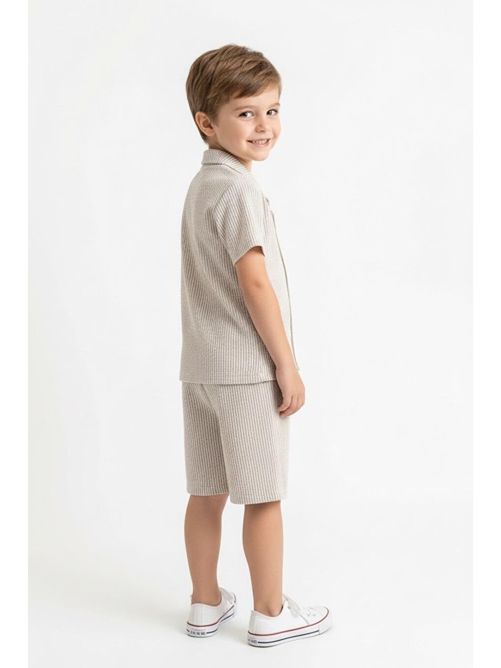 Bej Bürümcük Gömlek Şort 2li Takım-1