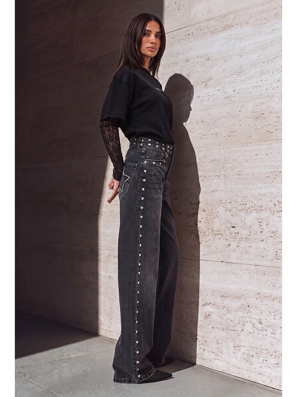 Gri Kadın Füme T-2w6-13 Loose Fit Drop Detaylı Tasarım Denim Jean-1