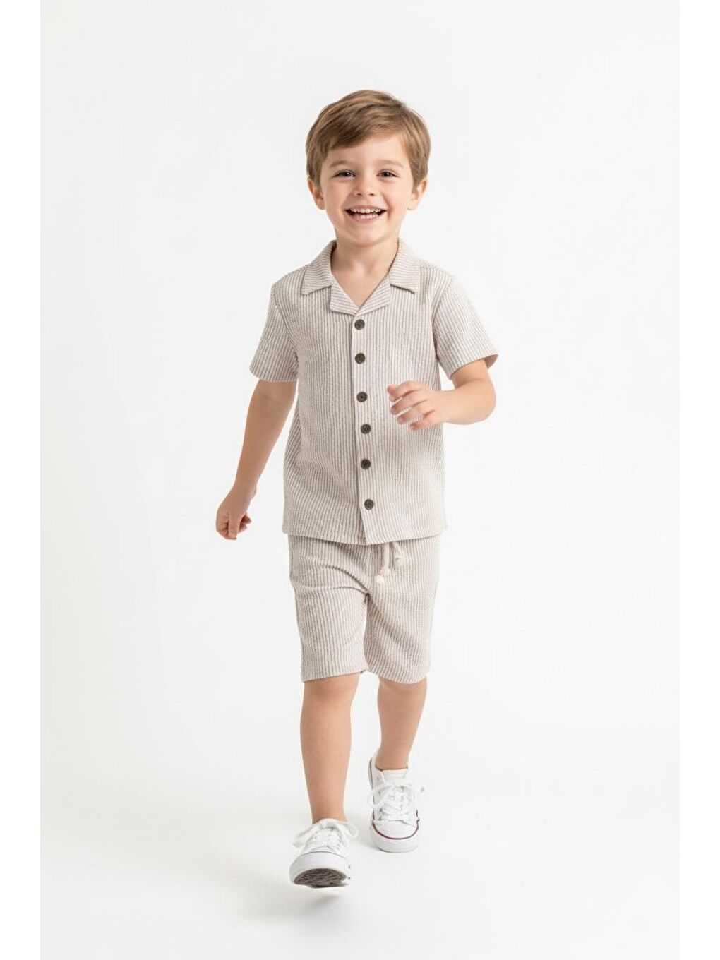 Bej Bürümcük Gömlek Şort 2li Takım-2