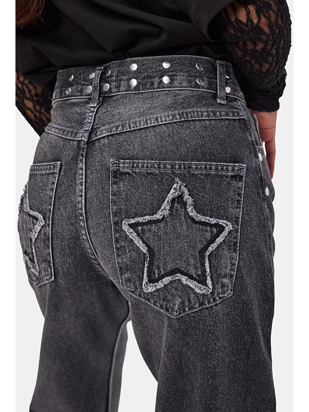 Gri Kadın Füme T-2w6-13 Loose Fit Drop Detaylı Tasarım Denim Jean-2