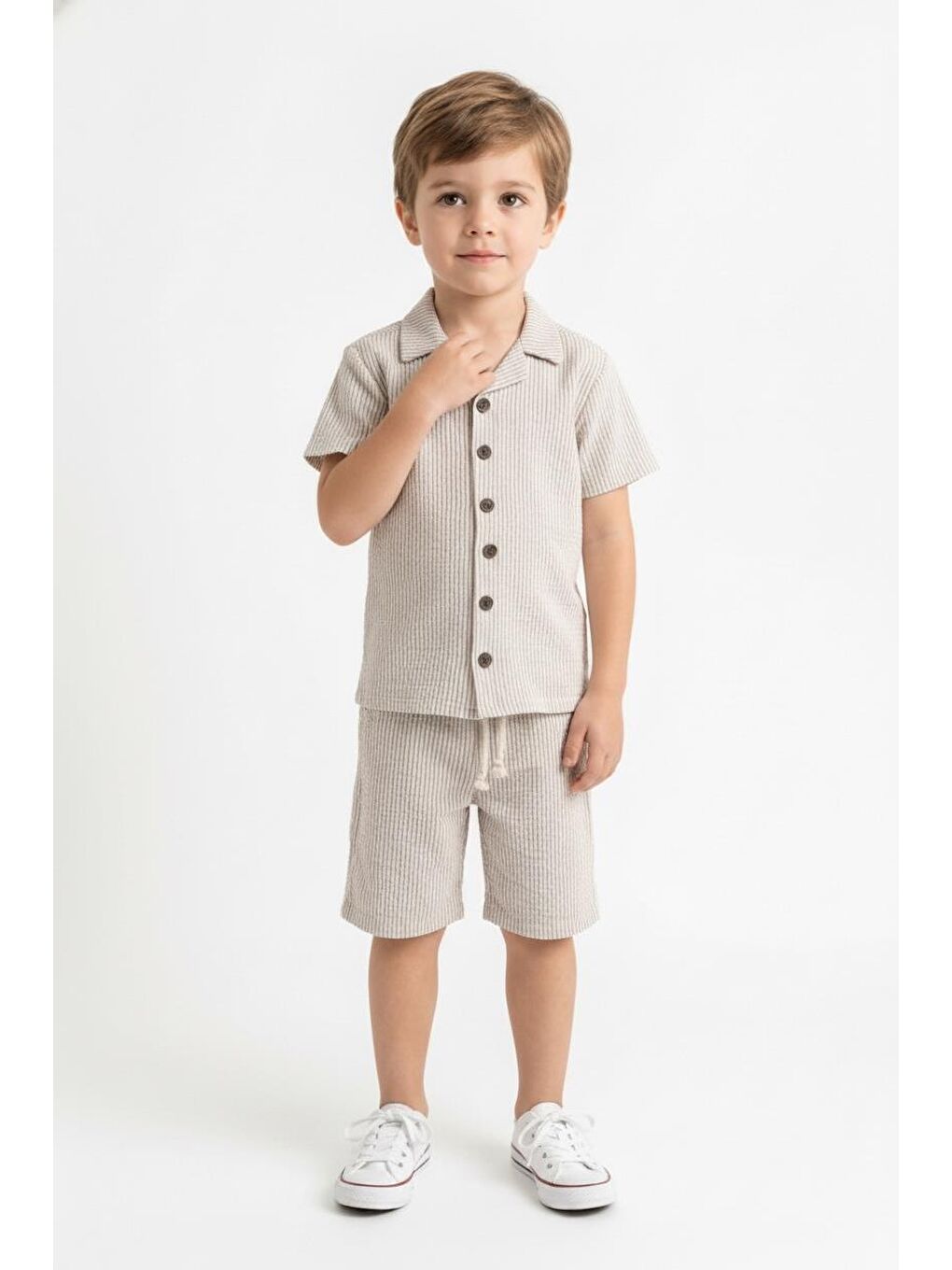 Bej Bürümcük Gömlek Şort 2li Takım-3