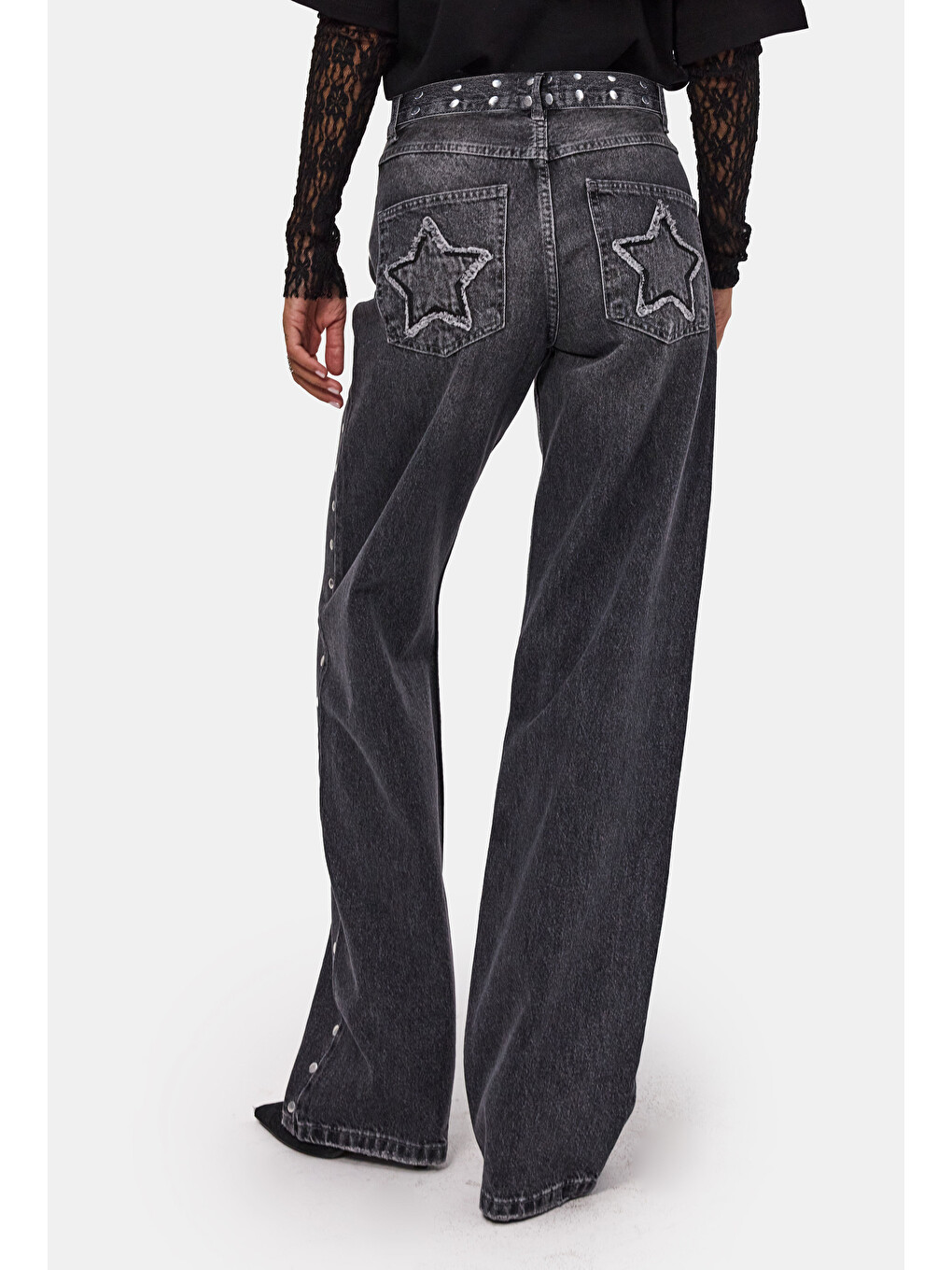 Gri Kadın Füme T-2w6-13 Loose Fit Drop Detaylı Tasarım Denim Jean-3