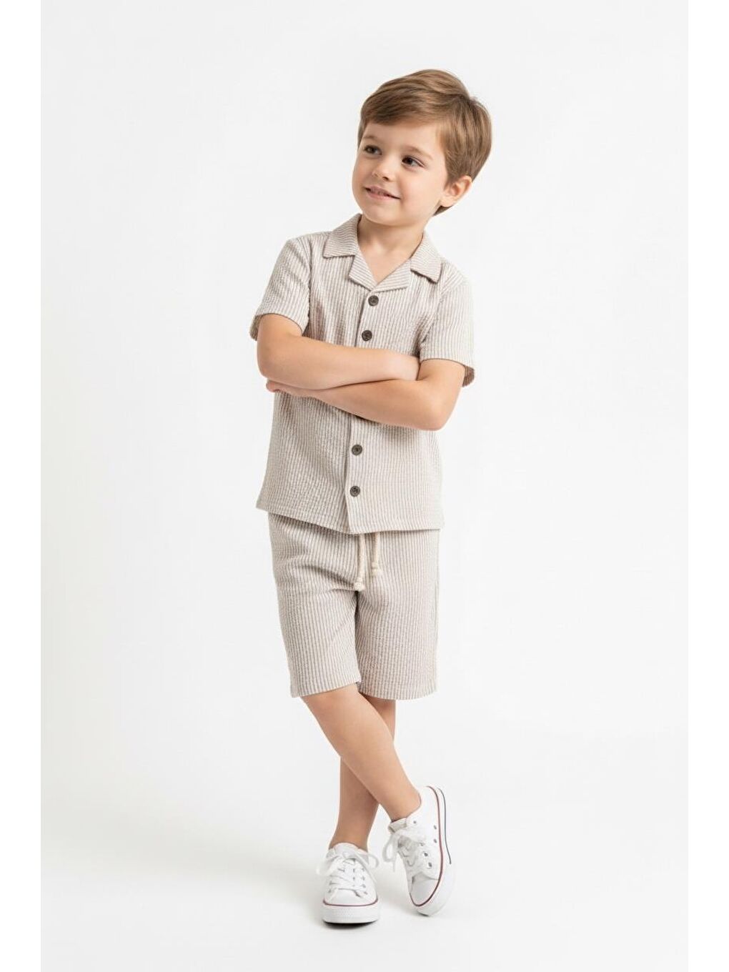 Bej Bürümcük Gömlek Şort 2li Takım-4