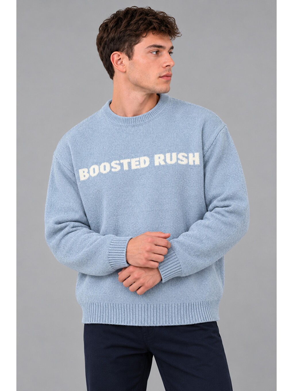 Mavi Yarım Oversize Baskılı Kışlık Kazak Dp 16651_10071