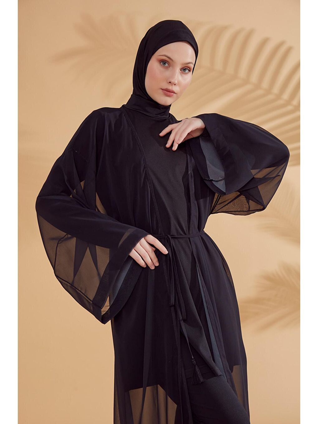 Marina Siyah Düz Siyah Kimono Kaftan P2342 - 4