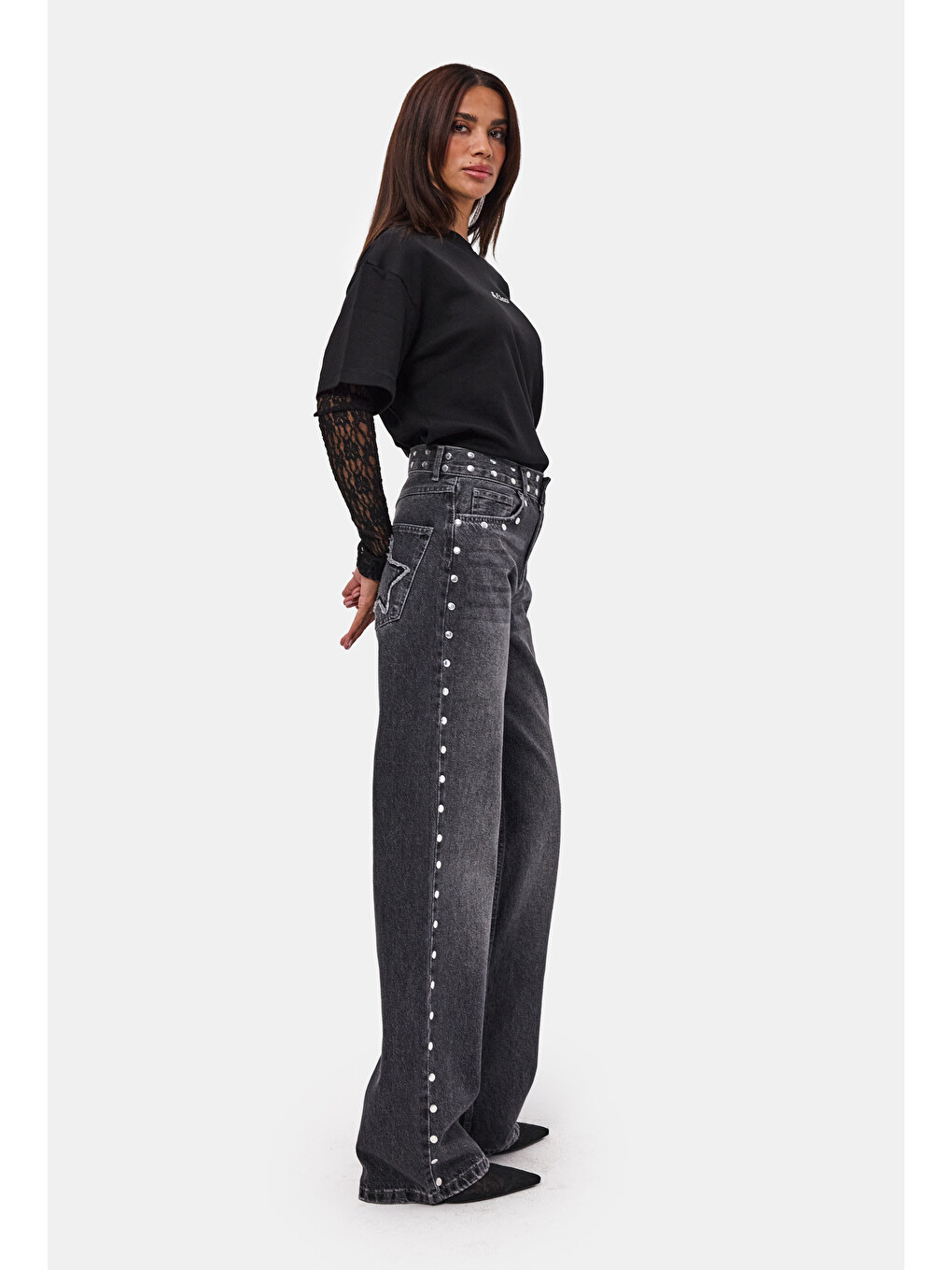 Gri Kadın Füme T-2w6-13 Loose Fit Drop Detaylı Tasarım Denim Jean-6