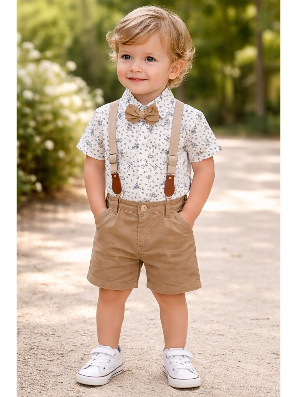 Ekru Tarz Çiçek Desenli Gömlek Belden Ayarlanabilir Slopetli Kısa Kollu Şortlu 2'li Takım