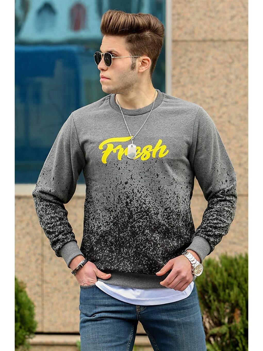 Gri Füme Baskılı Bisiklet Yaka Sweatshirt 2791-1