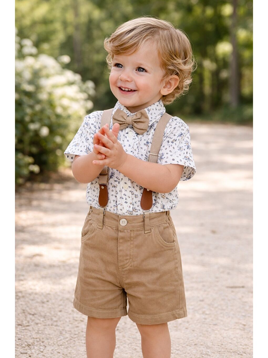 Ekru Tarz Çiçek Desenli Gömlek Belden Ayarlanabilir Slopetli Kısa Kollu Şortlu 2'li Takım-1