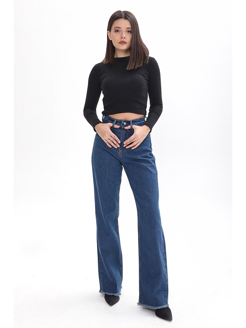 TOFİSA Kahverengi Düz Orta Kadın Kahverengi Wide Leg Yüksek Bel Geniş Paça Jean Pantolon - 23663