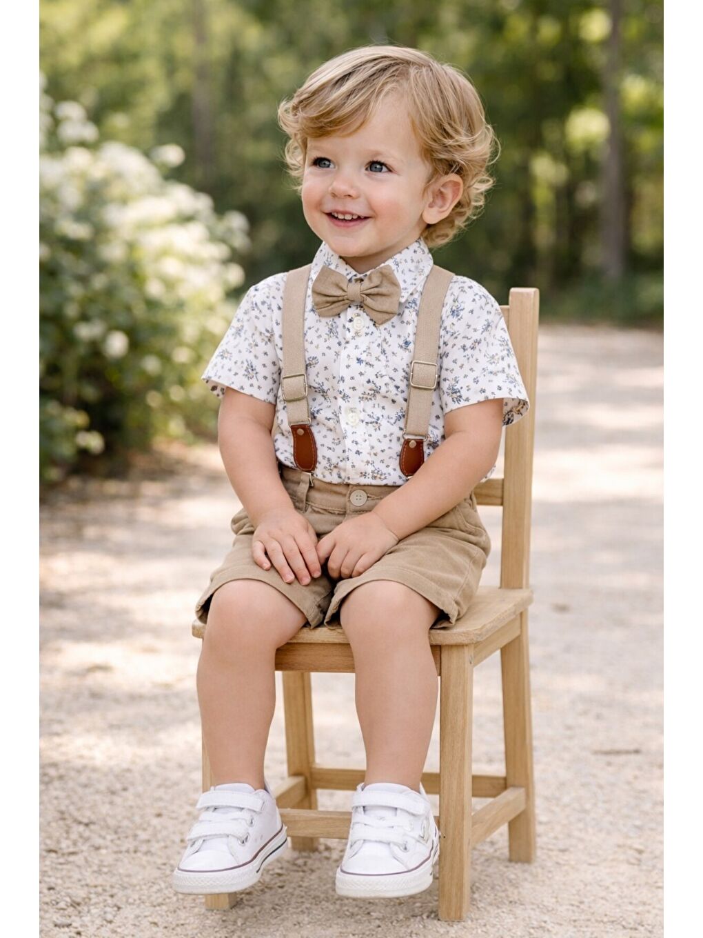 Ekru Tarz Çiçek Desenli Gömlek Belden Ayarlanabilir Slopetli Kısa Kollu Şortlu 2'li Takım-2