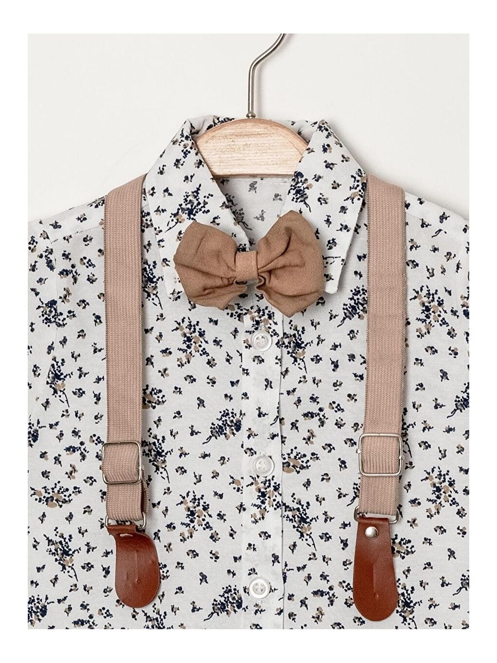 Ekru Tarz Çiçek Desenli Gömlek Belden Ayarlanabilir Slopetli Kısa Kollu Şortlu 2'li Takım-5