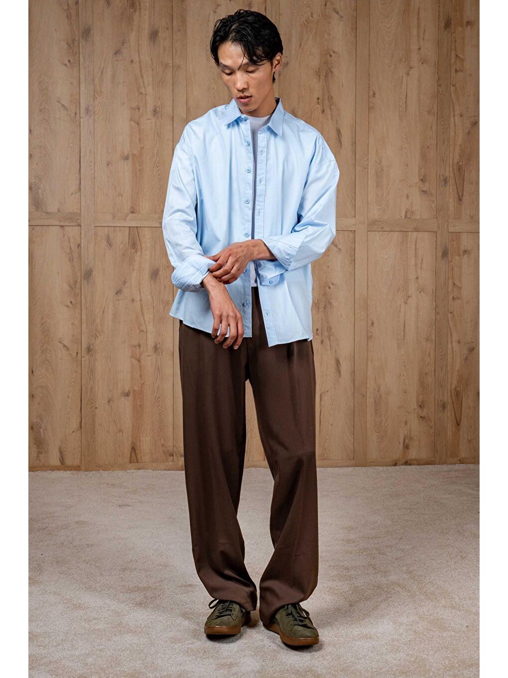 Erkek Oversize Uzun Kollu Basic Gömlek Açık Mavi-3