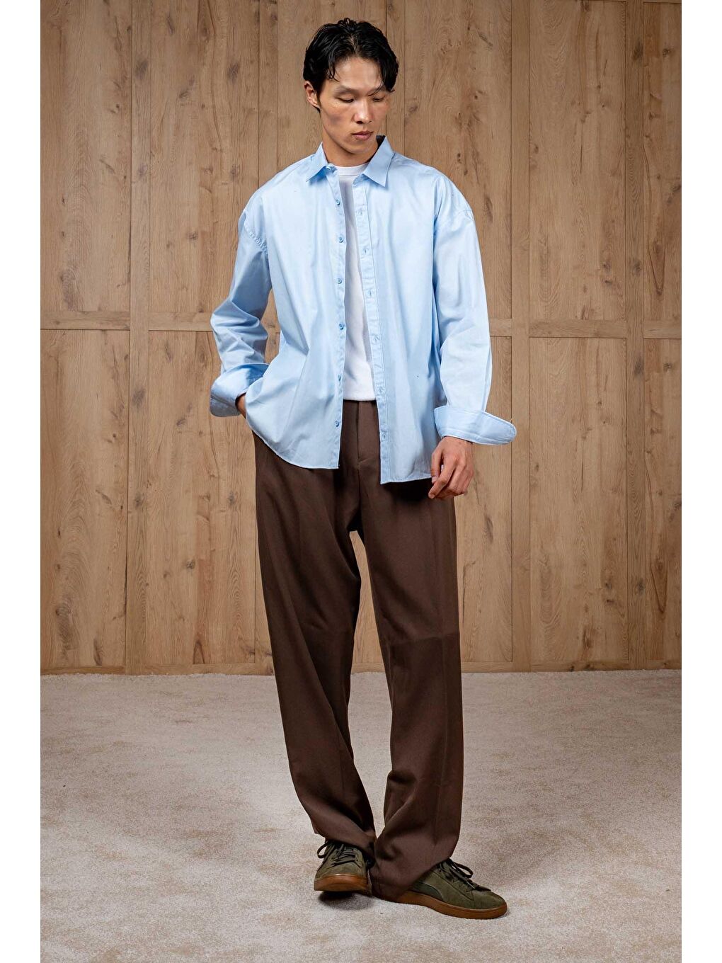 Erkek Oversize Uzun Kollu Basic Gömlek Açık Mavi-5