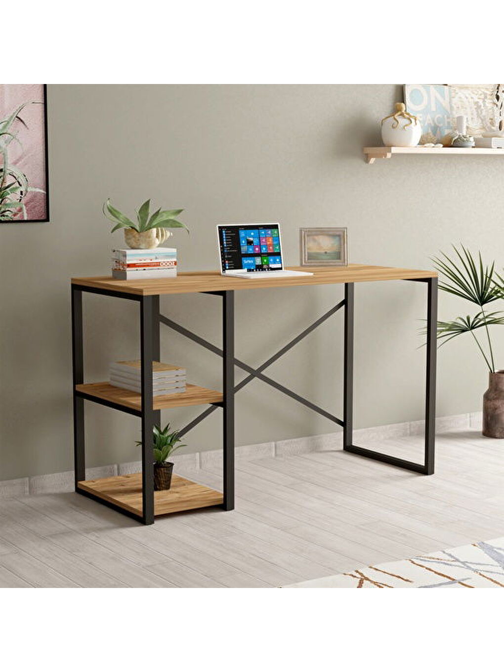 Kahverengi Arvel Raflı Metal Çalışma Masası - Atlantik Çam / Siyah - 90x44x71,8 cm