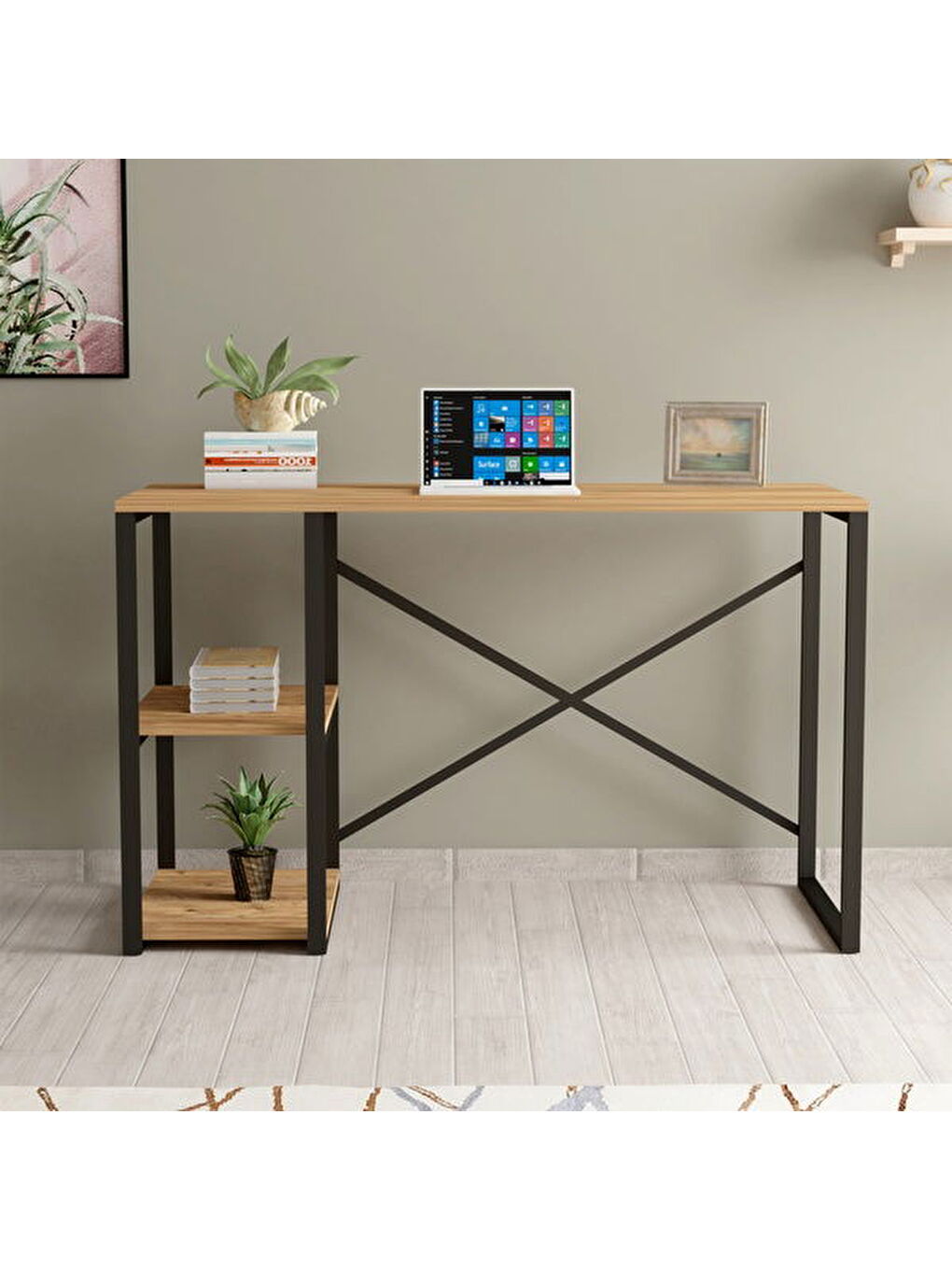 Kahverengi Arvel Raflı Metal Çalışma Masası - Atlantik Çam / Siyah - 90x44x71,8 cm-1